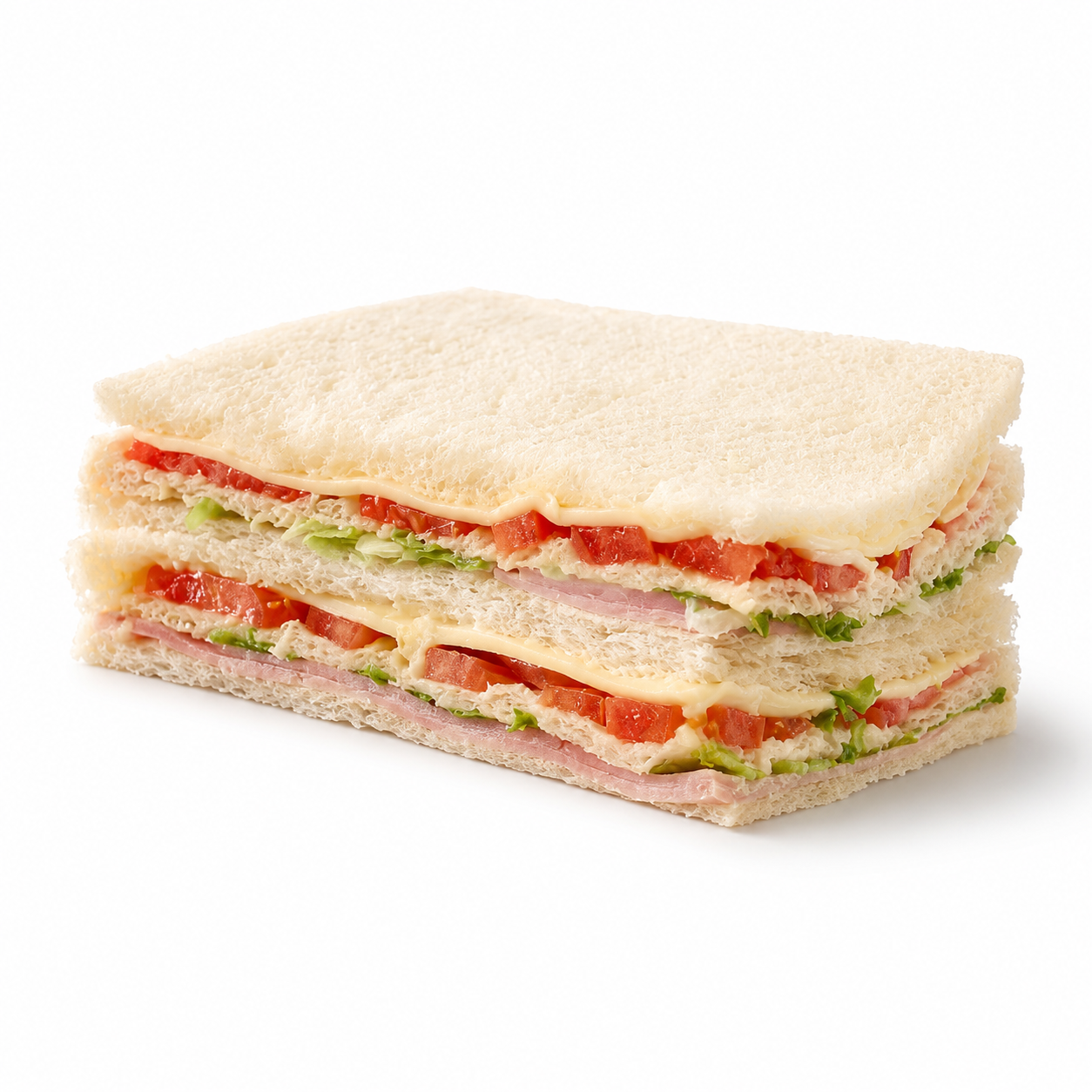 Sándwich de miga de jamón, queso, lechuga y tomate